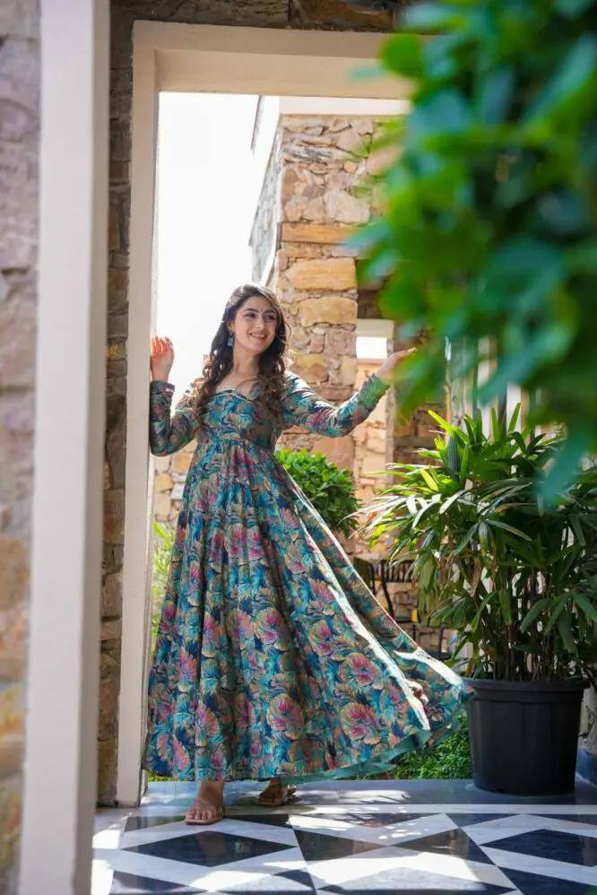 Multi Colour Designer Muslin Digital Print Kali-Cut Suit Set with Georgette Dupatta
