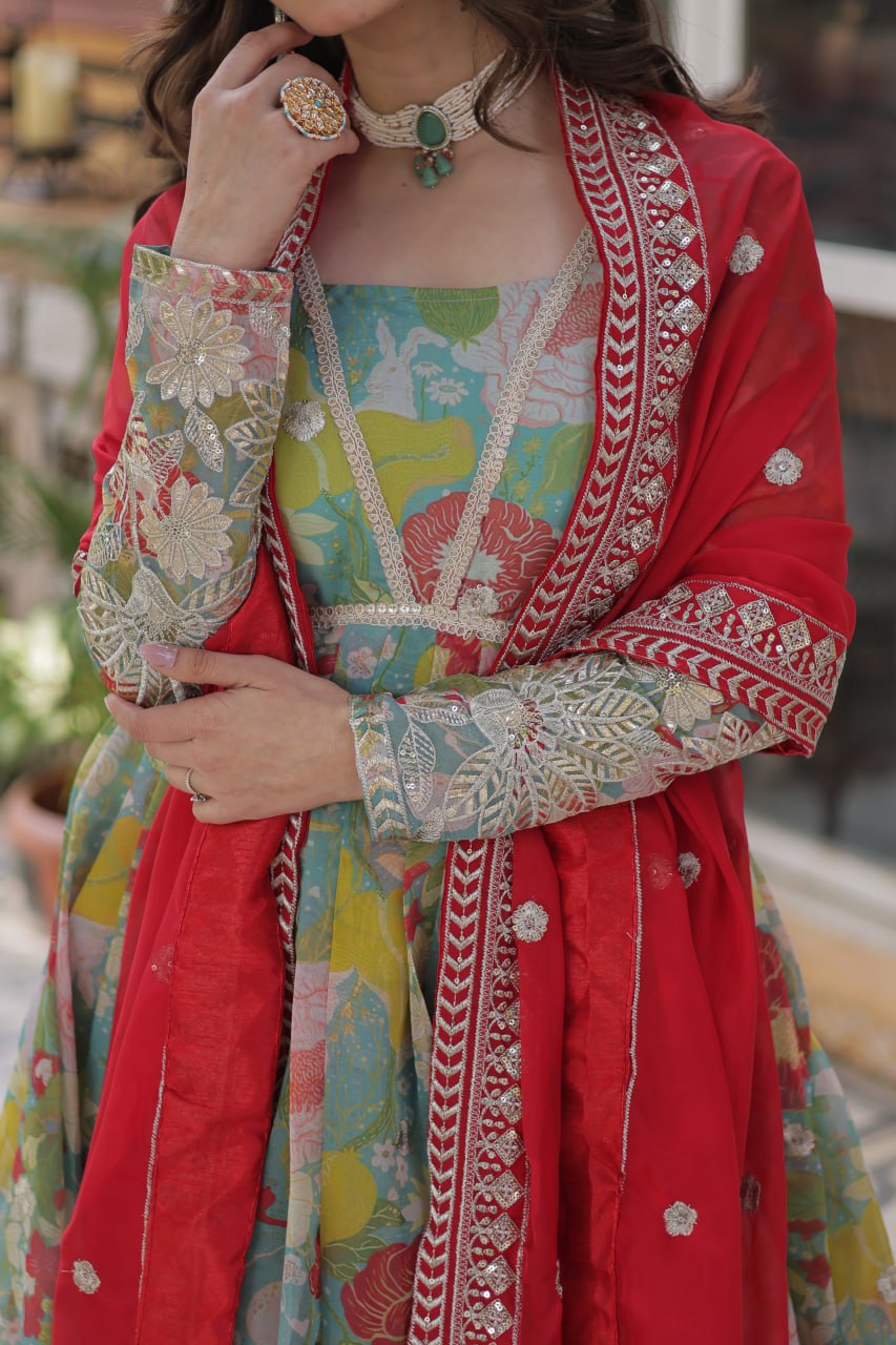 Multi Colour Designer Russian Silk Foil Embroidered Top with Sequined Dupatta Elegant Ethnic Ensemble