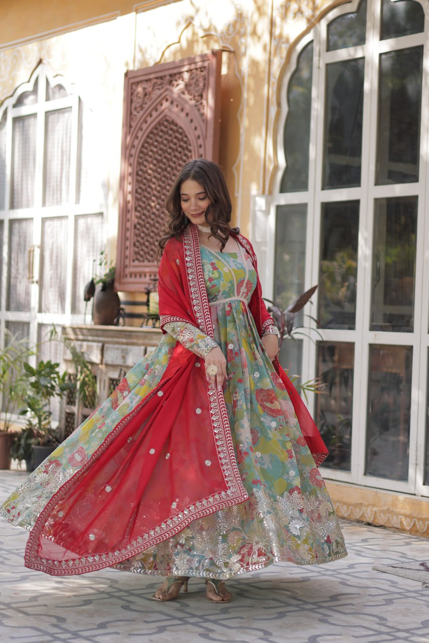 Multi Colour Designer Russian Silk Foil Embroidered Top with Sequined Dupatta Elegant Ethnic Ensemble