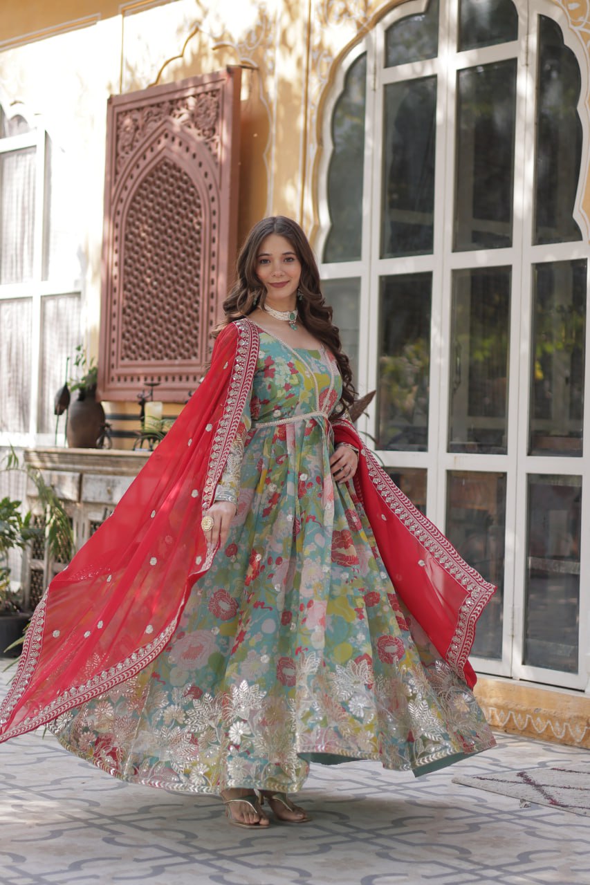 Multi Colour Designer Russian Silk Foil Embroidered Top with Sequined Dupatta Elegant Ethnic Ensemble
