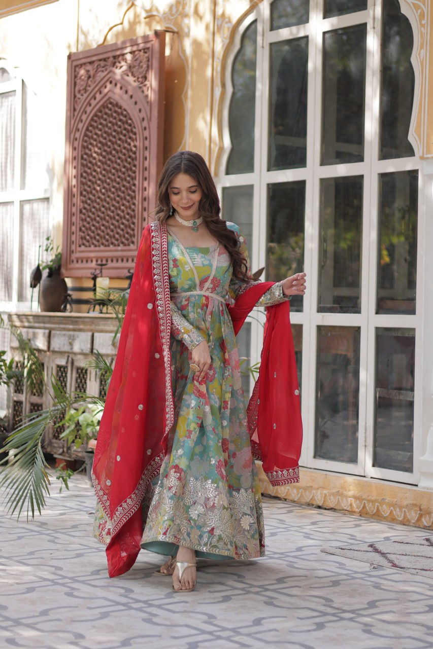 Multi Colour Designer Russian Silk Foil Embroidered Top with Sequined Dupatta Elegant Ethnic Ensemble