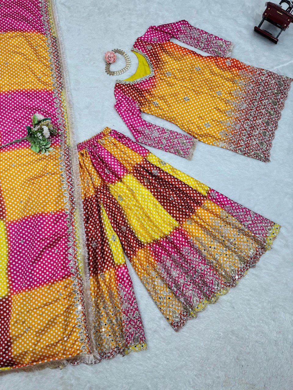 Multi colour Elegant Chinon Silk Ensemble – Exquisite Real Mirror Work