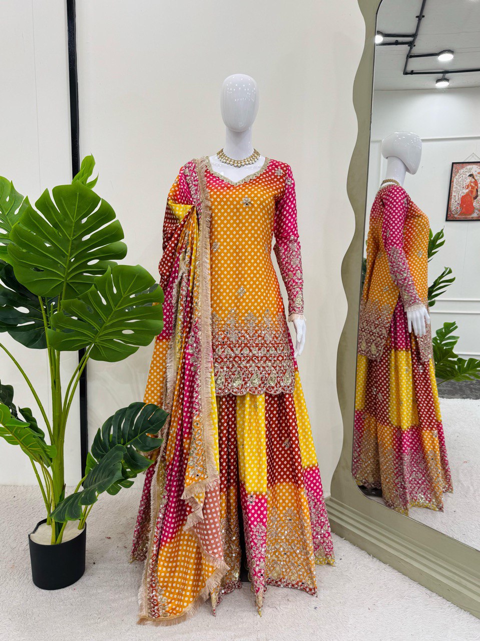 Multi colour Elegant Chinon Silk Ensemble – Exquisite Real Mirror Work