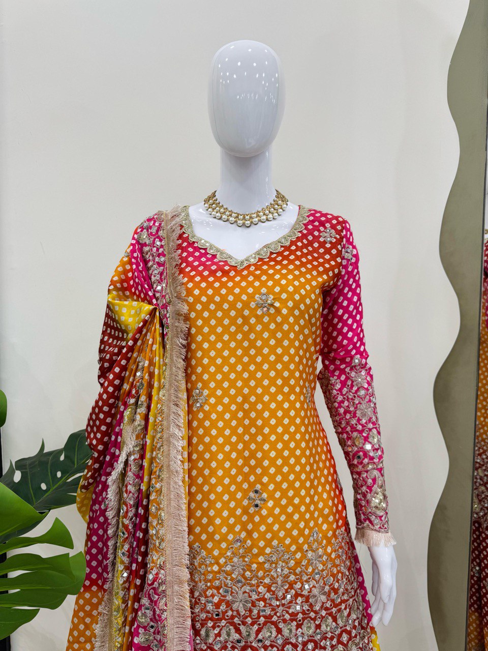 Multi colour Elegant Chinon Silk Ensemble – Exquisite Real Mirror Work