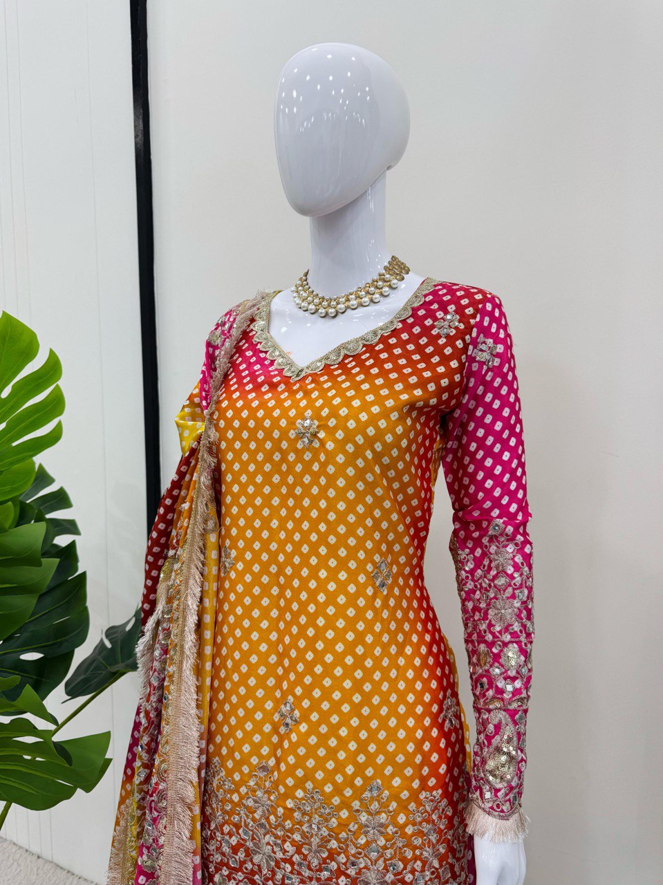 Multi colour Elegant Chinon Silk Ensemble – Exquisite Real Mirror Work