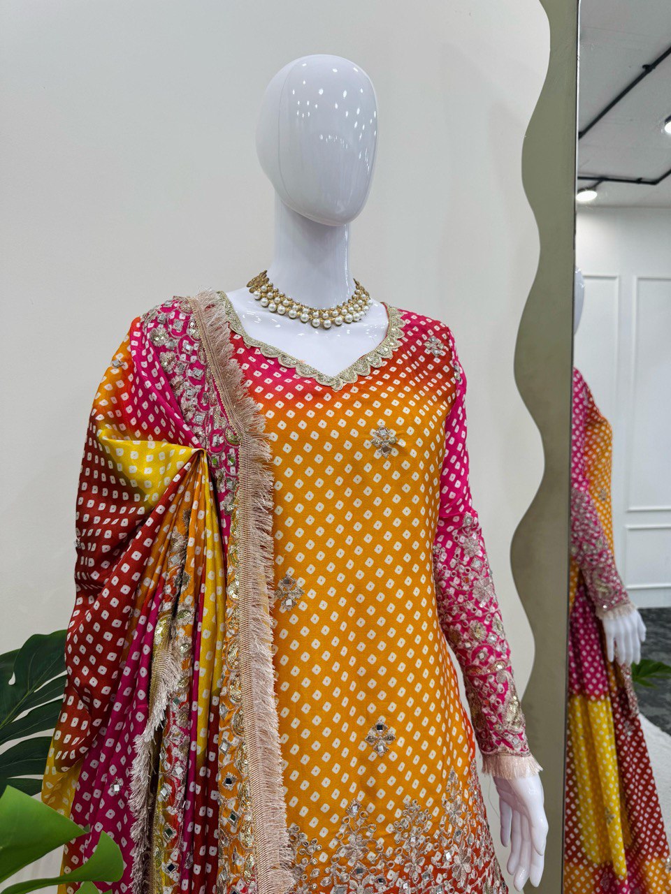 Multi colour Elegant Chinon Silk Ensemble – Exquisite Real Mirror Work