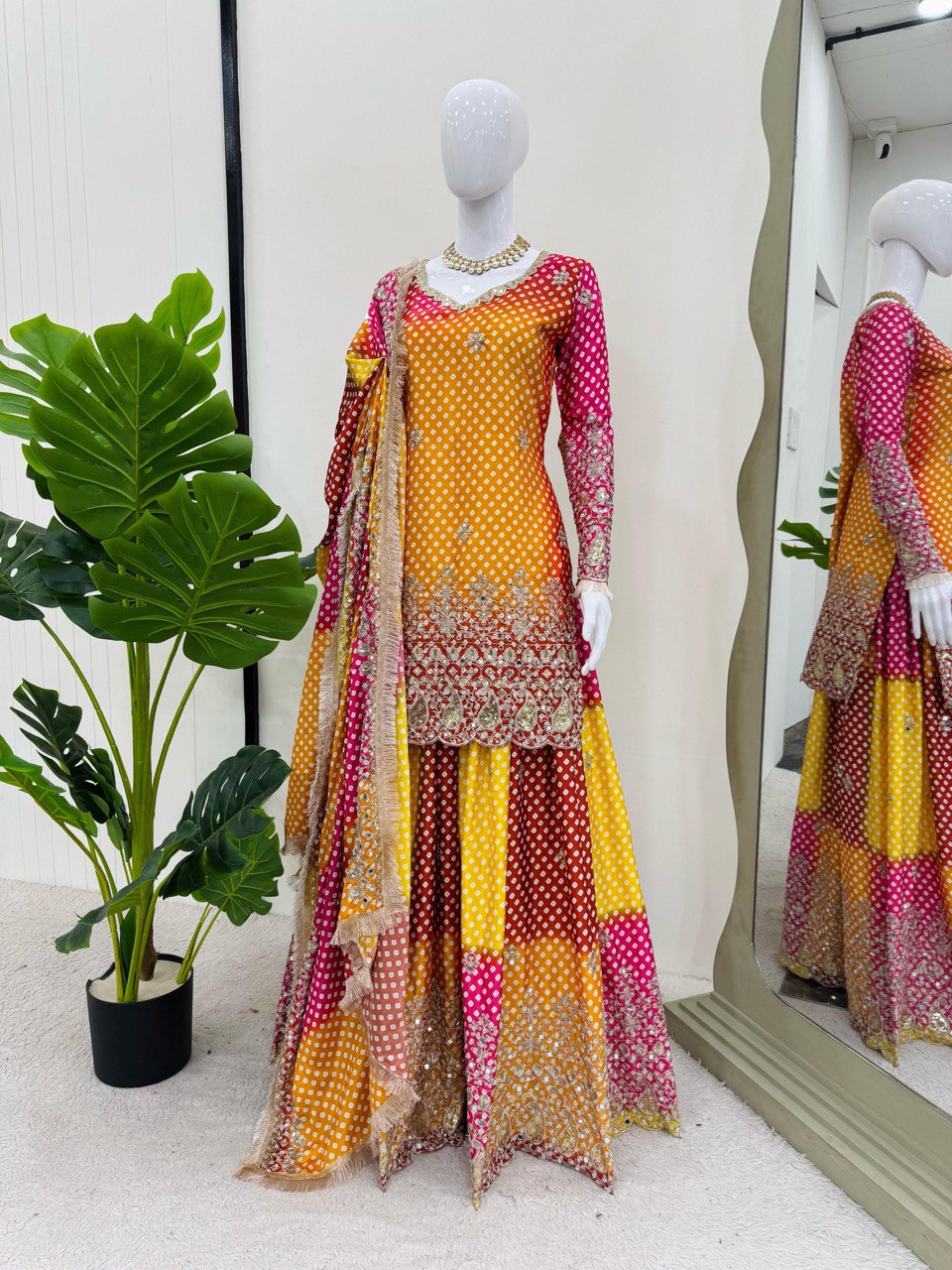 Multi colour Elegant Chinon Silk Ensemble – Exquisite Real Mirror Work
