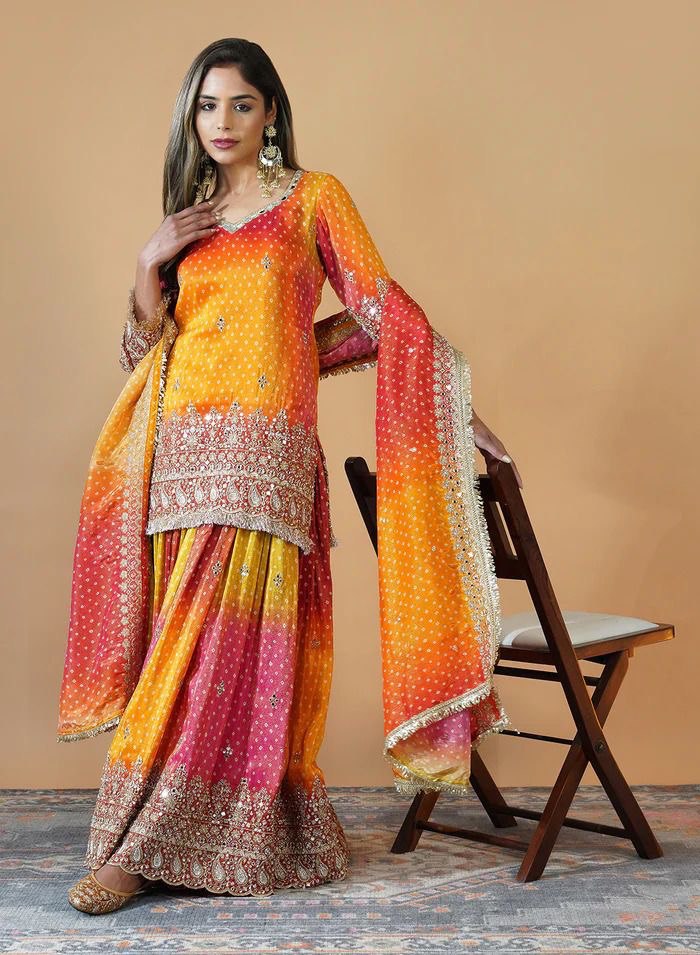 Multi colour Elegant Chinon Silk Ensemble – Exquisite Real Mirror Work
