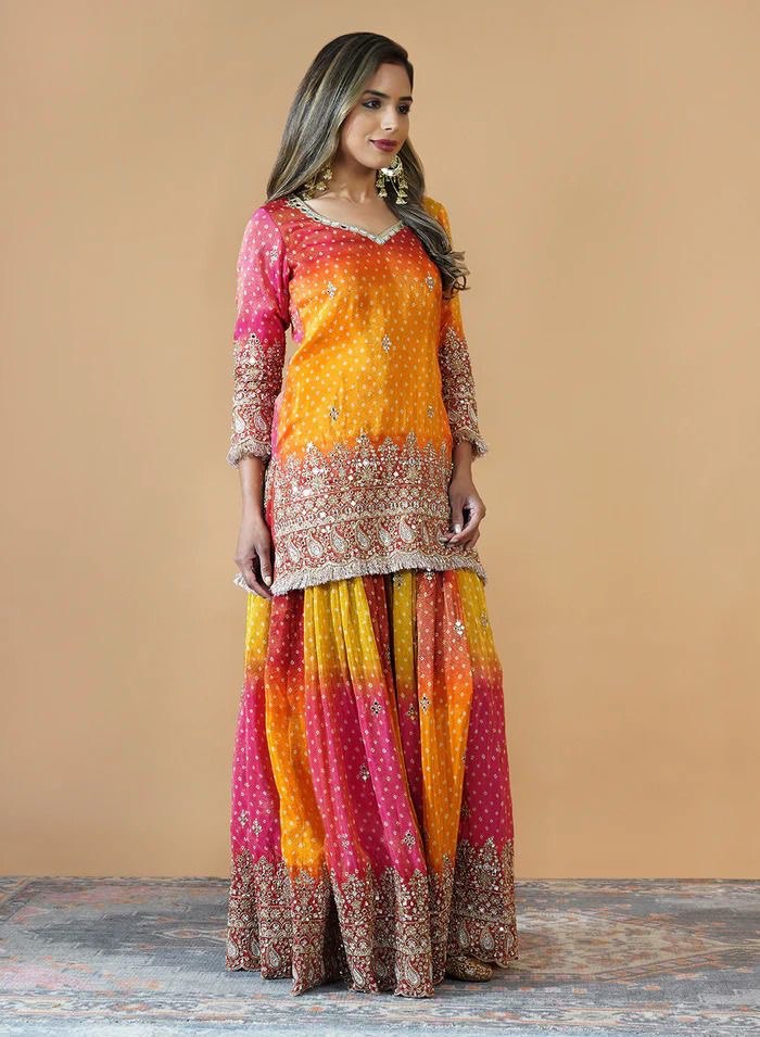 Multi colour Elegant Chinon Silk Ensemble – Exquisite Real Mirror Work