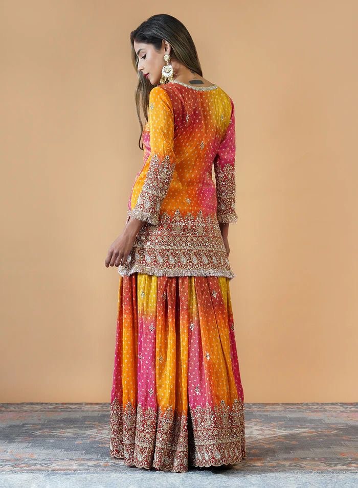 Multi colour Elegant Chinon Silk Ensemble – Exquisite Real Mirror Work