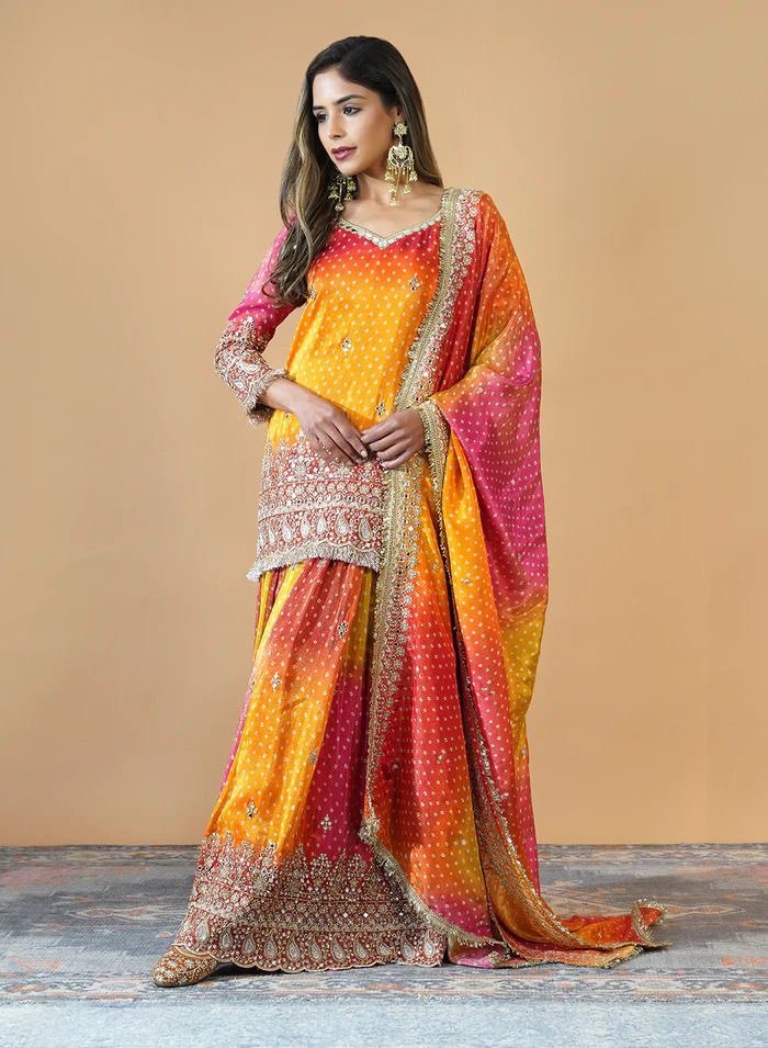 Multi colour Elegant Chinon Silk Ensemble – Exquisite Real Mirror Work