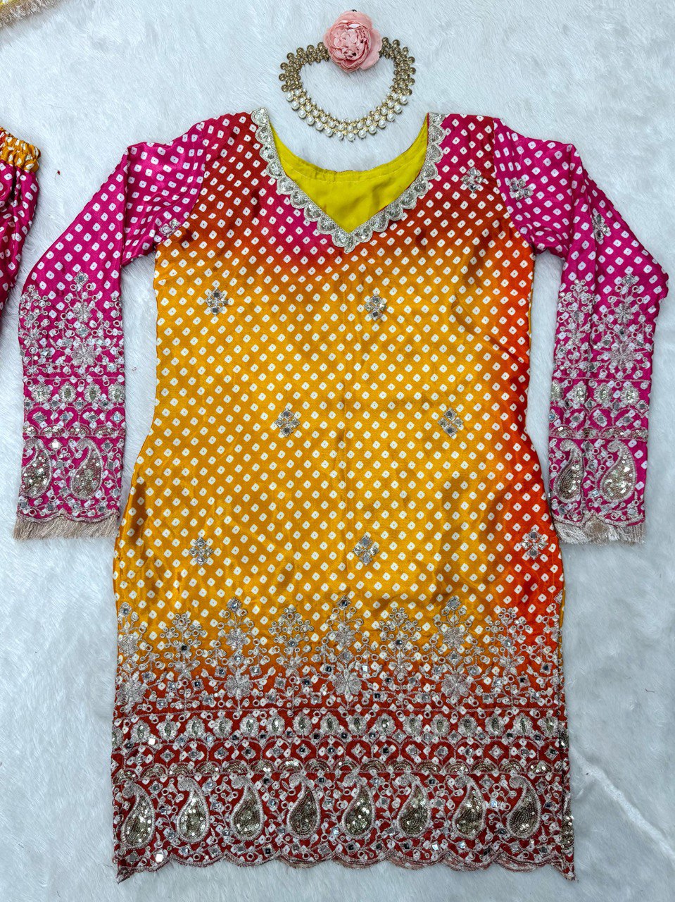 Multi colour Elegant Chinon Silk Ensemble – Exquisite Real Mirror Work