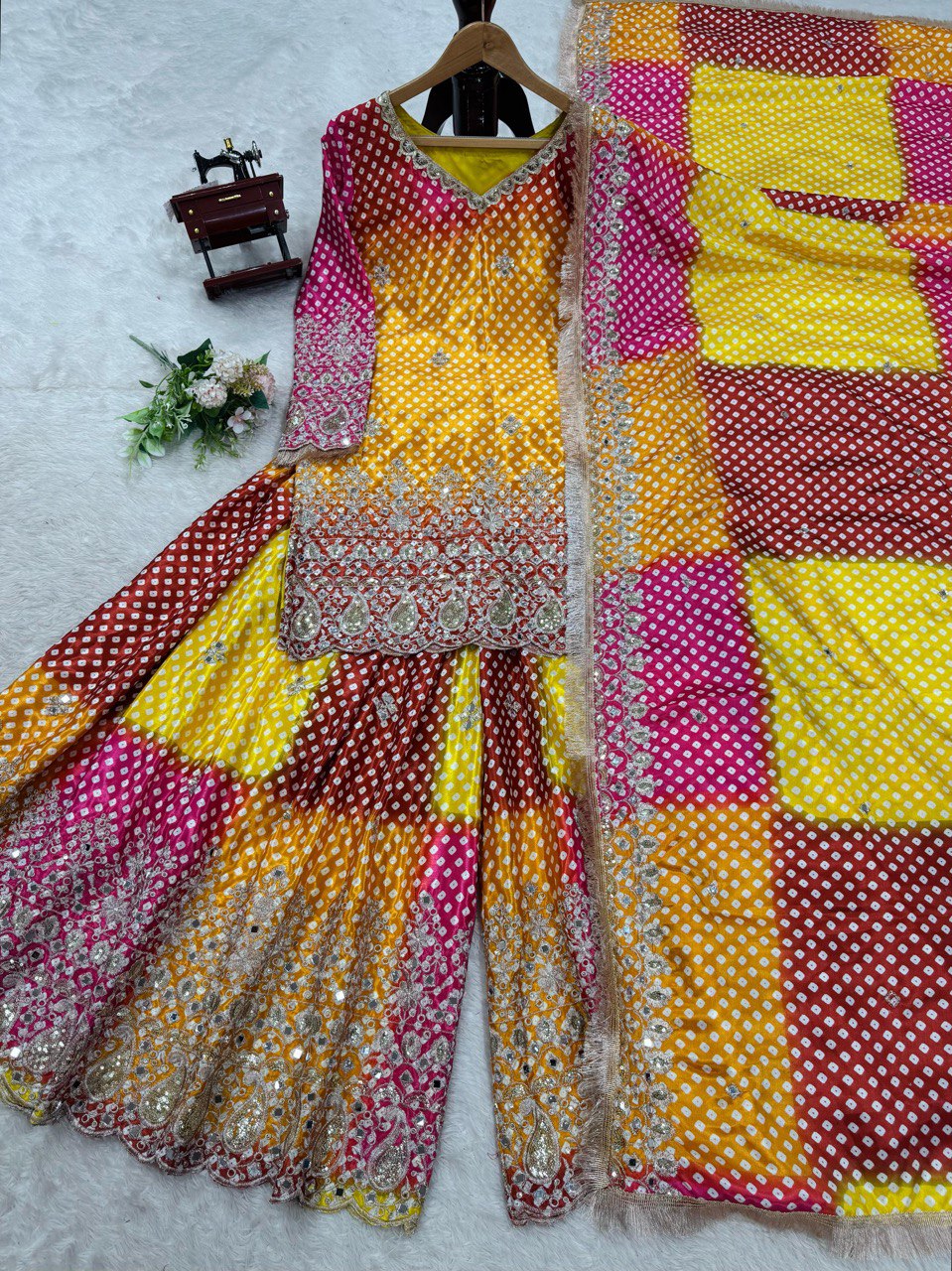 Multi colour Elegant Chinon Silk Ensemble – Exquisite Real Mirror Work
