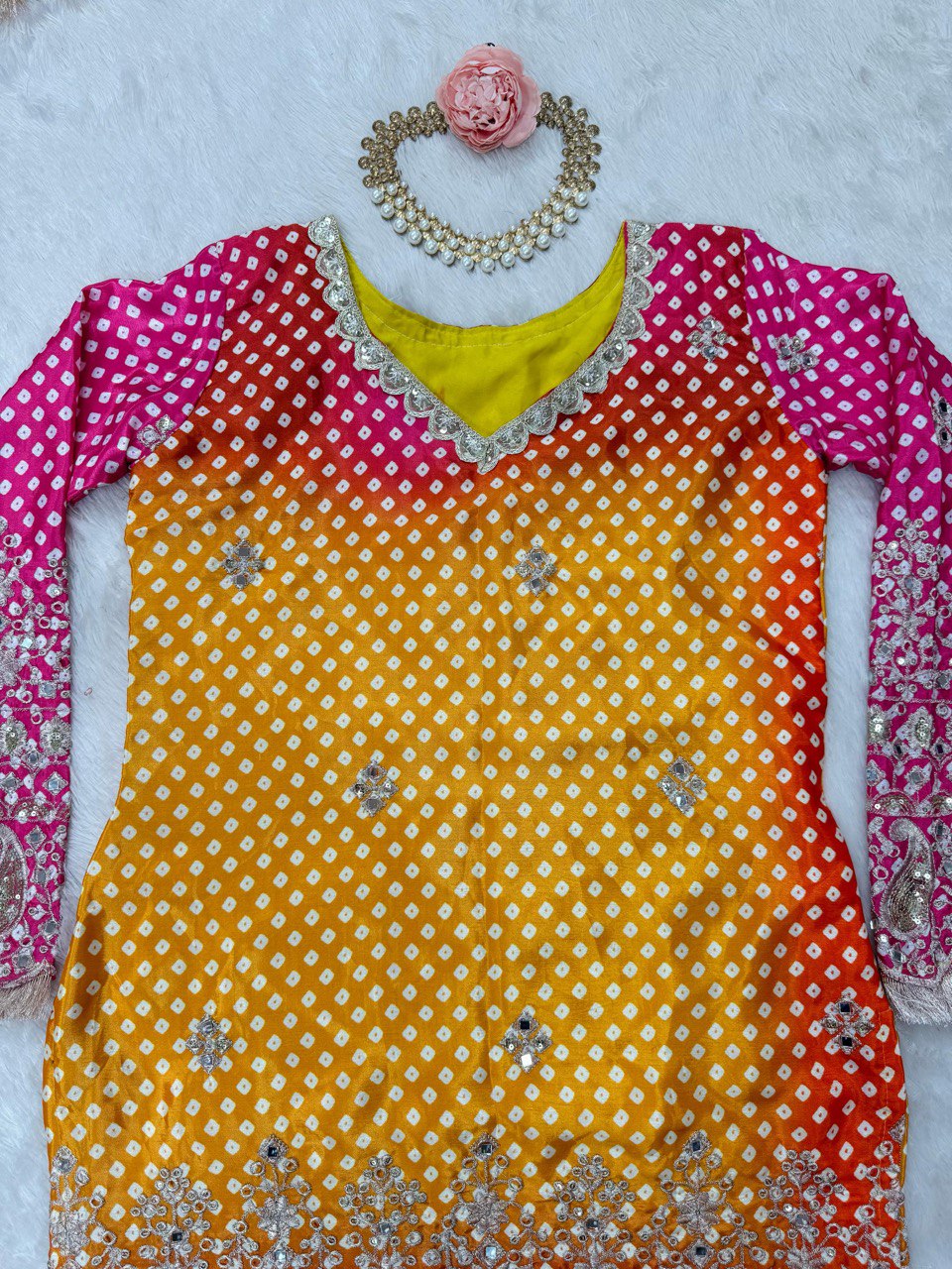 Multi colour Elegant Chinon Silk Ensemble – Exquisite Real Mirror Work