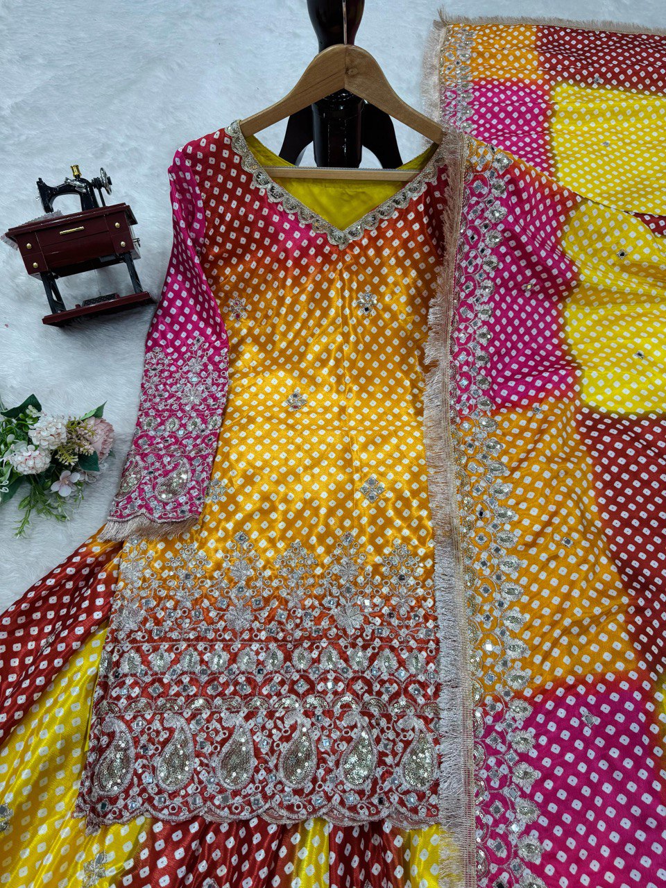 Multi colour Elegant Chinon Silk Ensemble – Exquisite Real Mirror Work