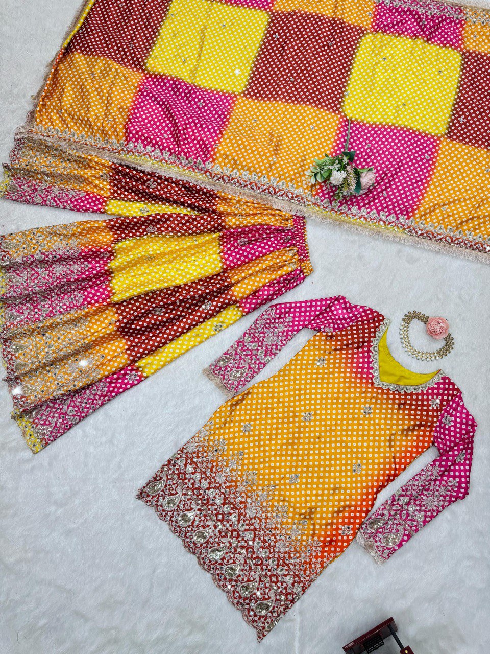 Multi colour Elegant Chinon Silk Ensemble – Exquisite Real Mirror Work