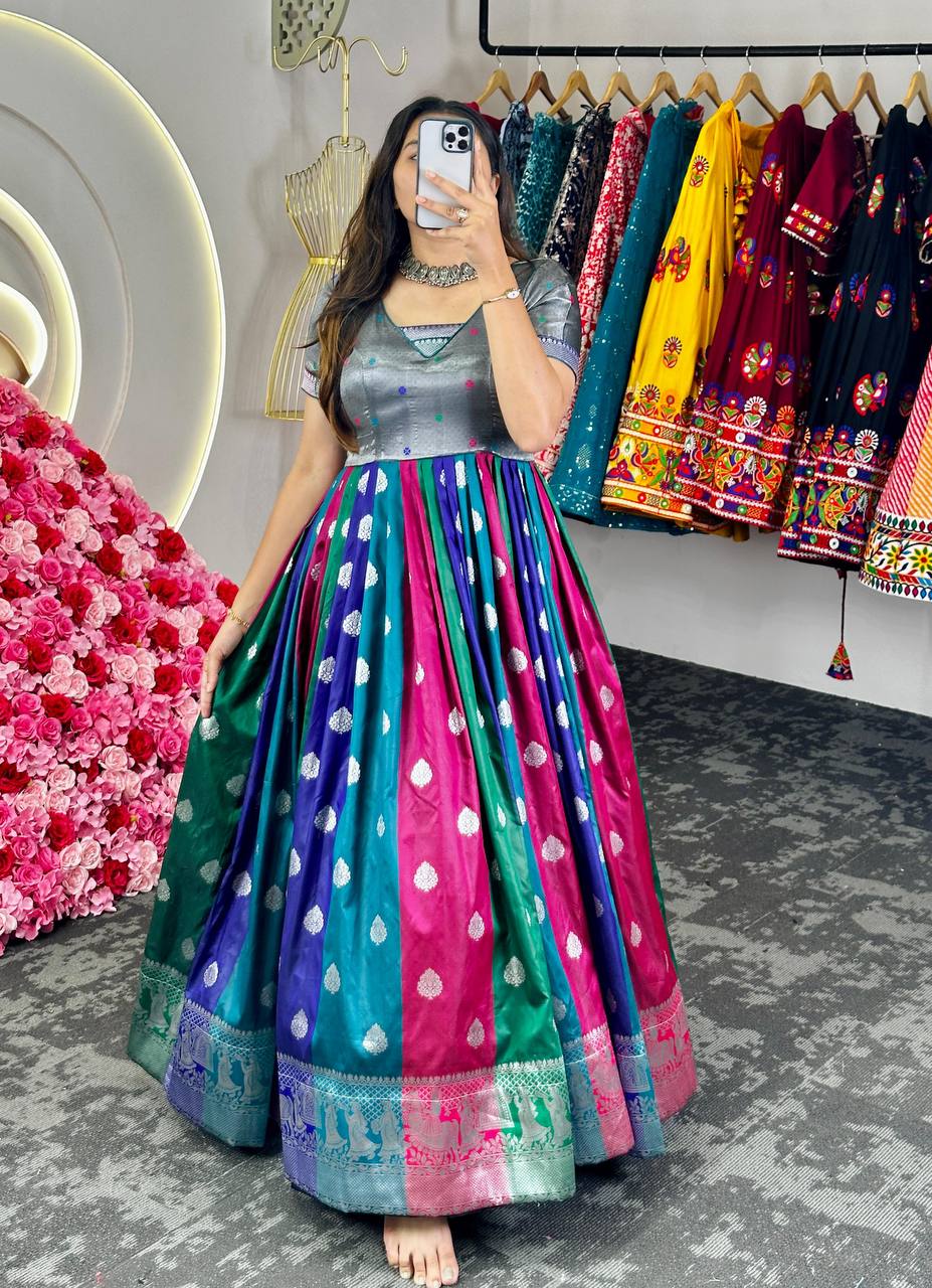 Multi Colour Feel the Love – Elegant Dola Silk Jacquard Weaving Gown