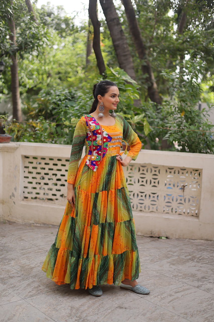 Multi Colour Navratri Special Laheriya & Bandhej Printed Faux Georgette Gown with Kutchi Patchwork