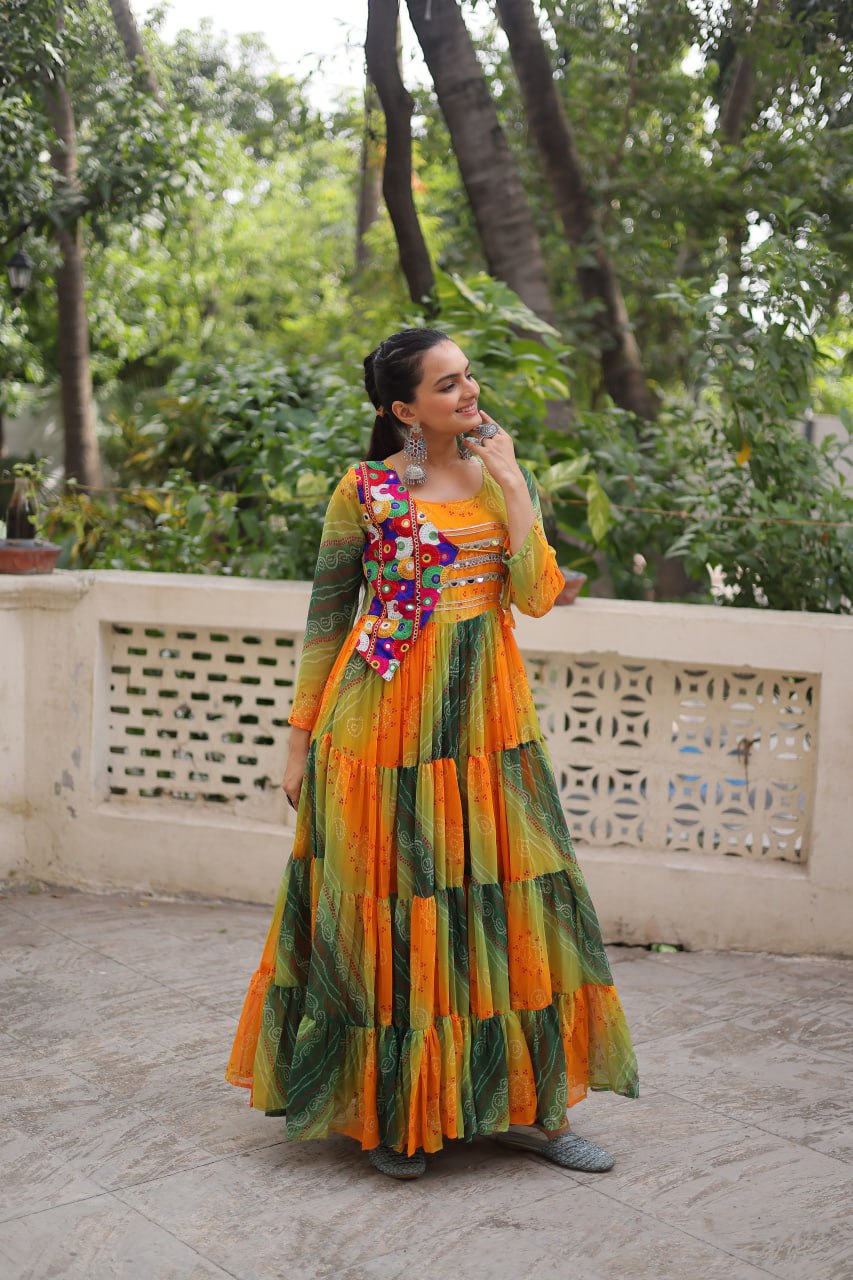 Multi Colour Navratri Special Laheriya & Bandhej Printed Faux Georgette Gown with Kutchi Patchwork