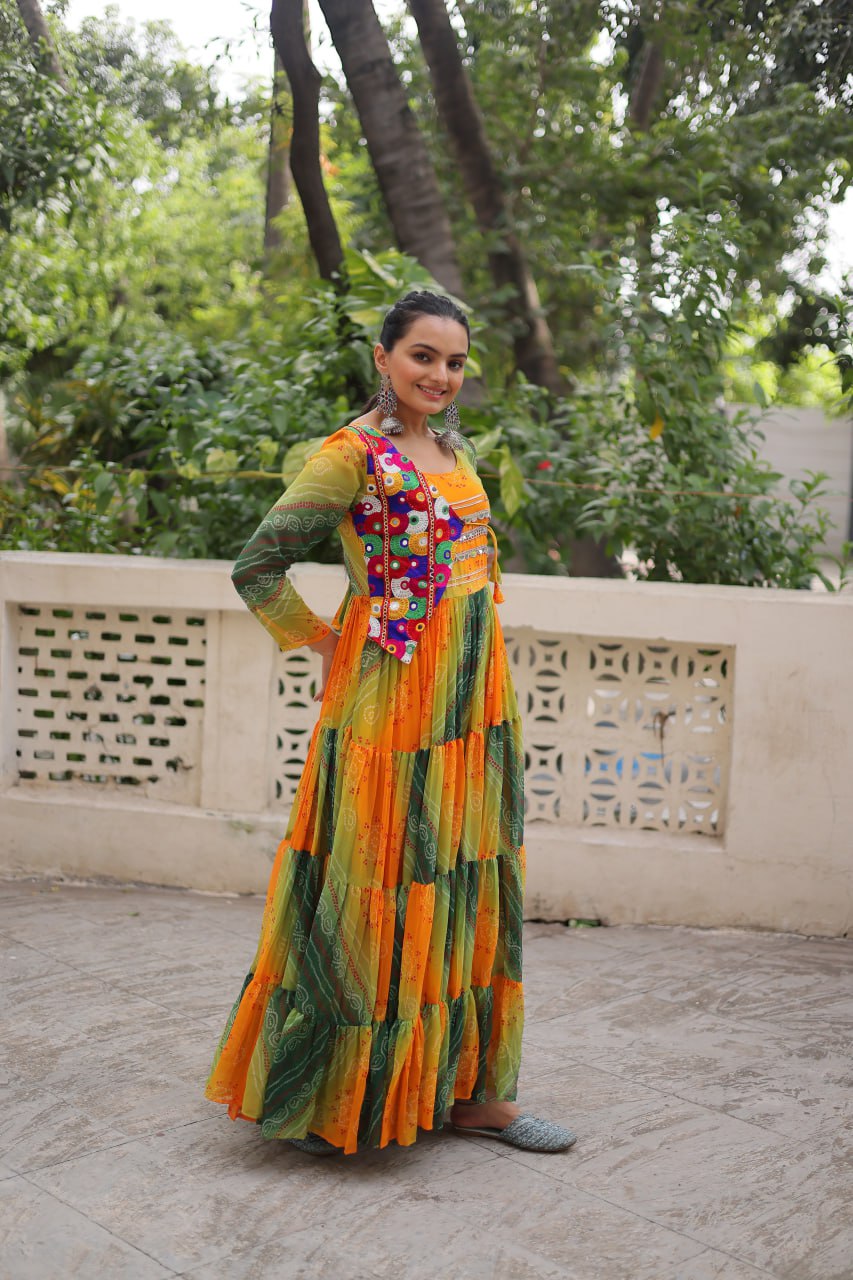 Multi Colour Navratri Special Laheriya & Bandhej Printed Faux Georgette Gown with Kutchi Patchwork