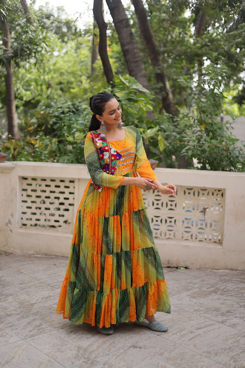 Multi Colour Navratri Special Laheriya & Bandhej Printed Faux Georgette Gown with Kutchi Patchwork