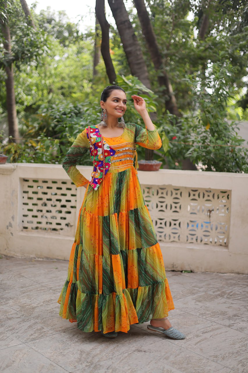 Multi Colour Navratri Special Laheriya & Bandhej Printed Faux Georgette Gown with Kutchi Patchwork