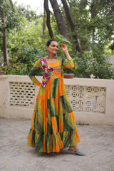 Multi Colour Navratri Special Laheriya & Bandhej Printed Faux Georgette Gown with Kutchi Patchwork