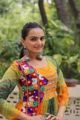 Multi Colour Navratri Special Laheriya & Bandhej Printed Faux Georgette Gown with Kutchi Patchwork