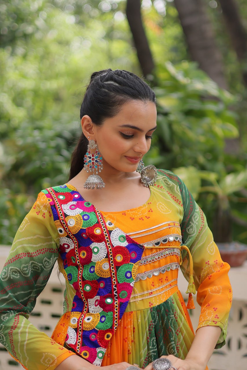 Multi Colour Navratri Special Laheriya & Bandhej Printed Faux Georgette Gown with Kutchi Patchwork