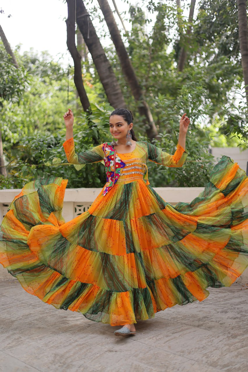 Multi Colour Navratri Special Laheriya & Bandhej Printed Faux Georgette Gown with Kutchi Patchwork