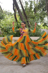 Multi Colour Navratri Special Laheriya & Bandhej Printed Faux Georgette Gown with Kutchi Patchwork