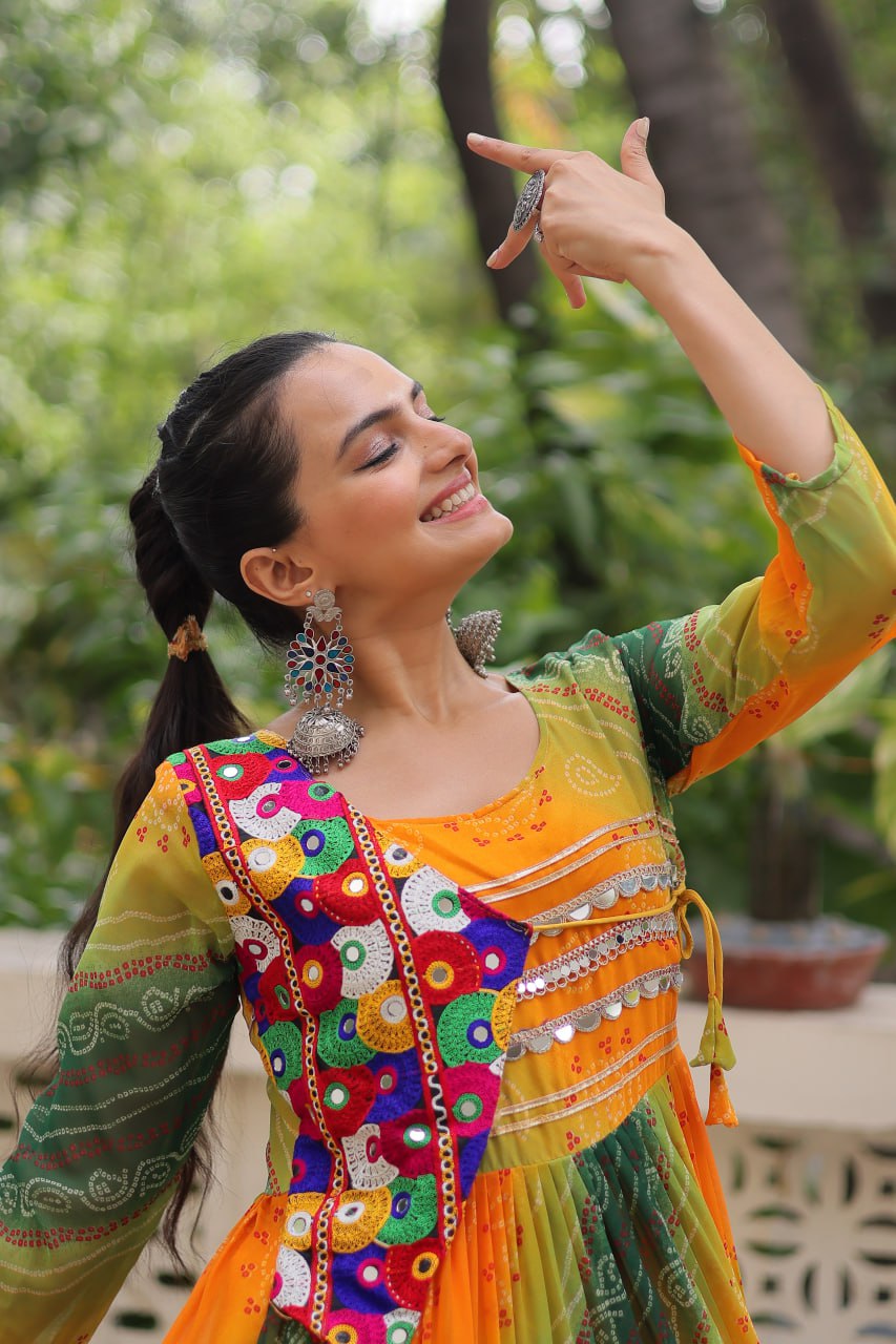 Multi Colour Navratri Special Laheriya & Bandhej Printed Faux Georgette Gown with Kutchi Patchwork