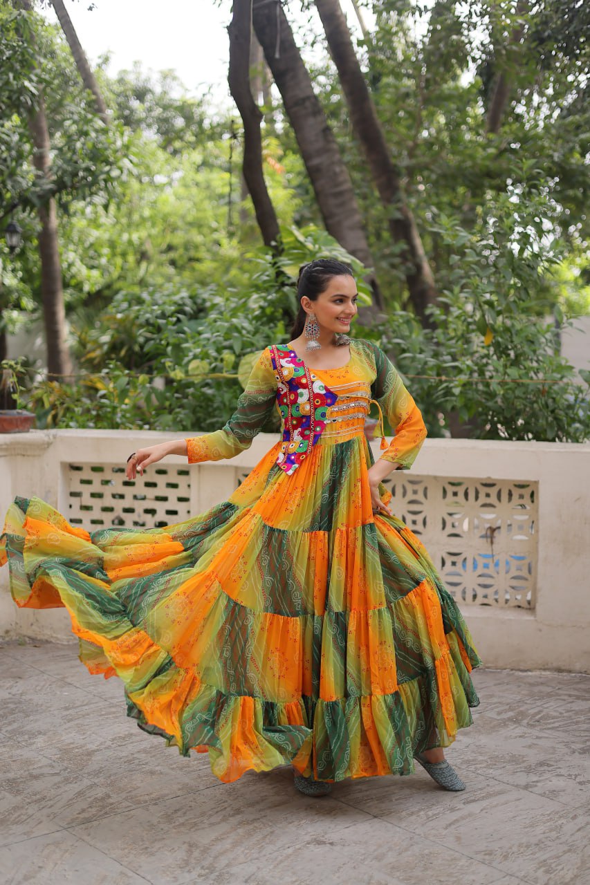 Multi Colour Navratri Special Laheriya & Bandhej Printed Faux Georgette Gown with Kutchi Patchwork