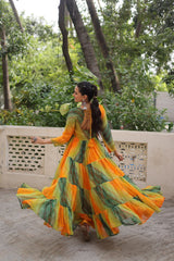Multi Colour Navratri Special Laheriya & Bandhej Printed Faux Georgette Gown with Kutchi Patchwork