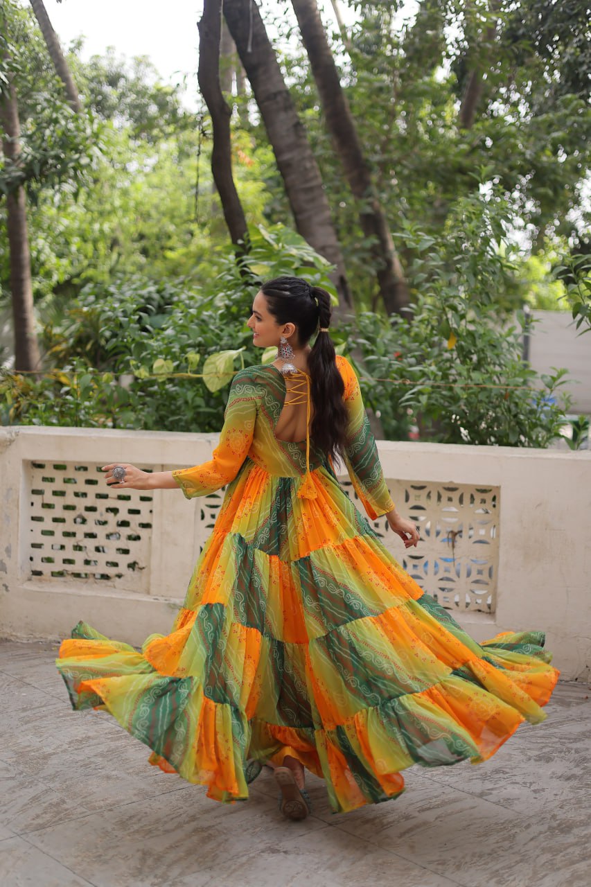 Multi Colour Navratri Special Laheriya & Bandhej Printed Faux Georgette Gown with Kutchi Patchwork