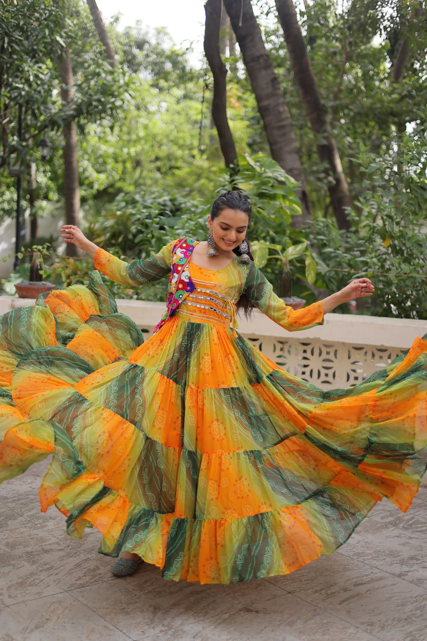 Multi Colour Navratri Special Laheriya & Bandhej Printed Faux Georgette Gown with Kutchi Patchwork