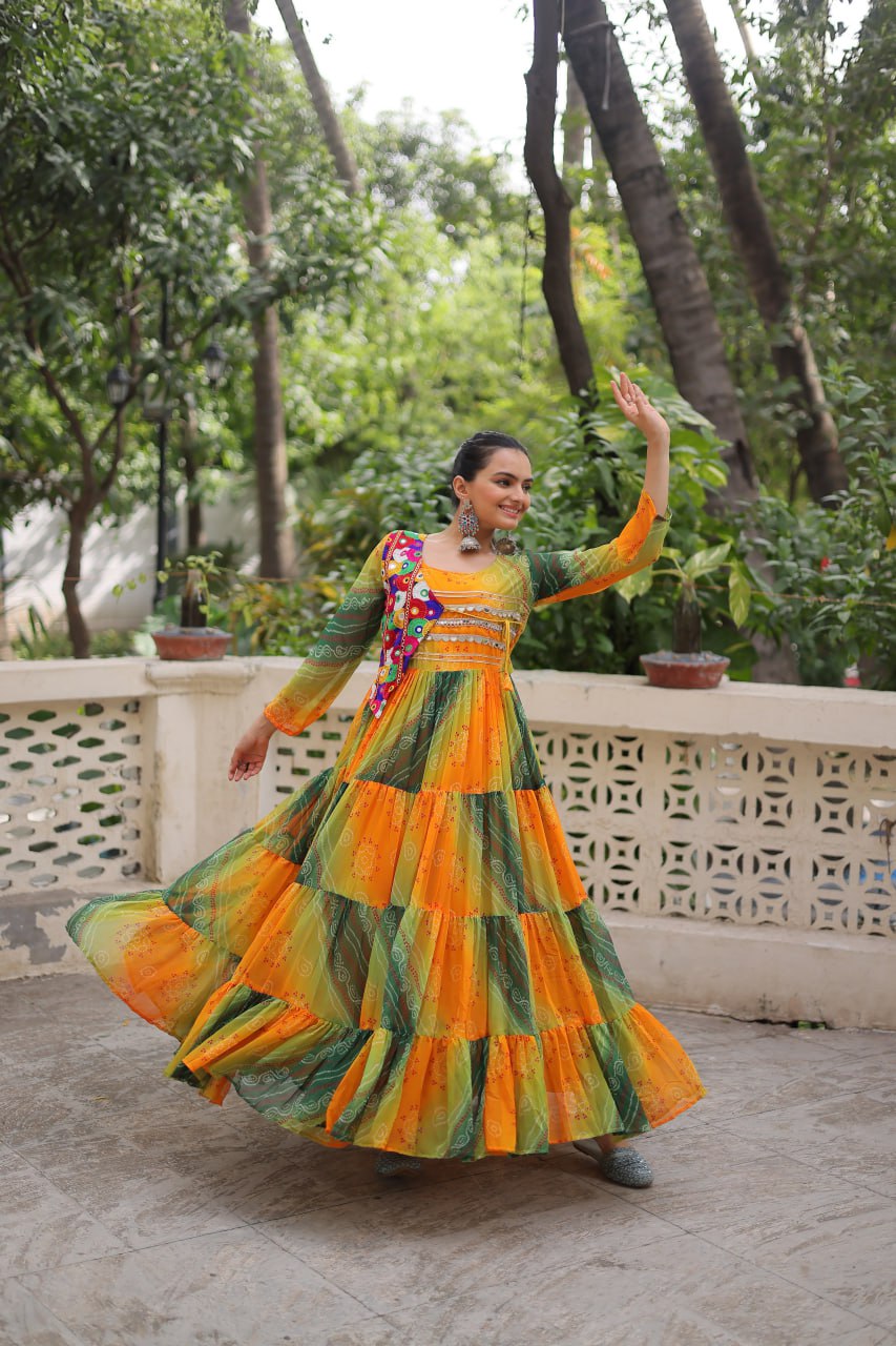 Multi Colour Navratri Special Laheriya & Bandhej Printed Faux Georgette Gown with Kutchi Patchwork
