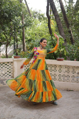 Multi Colour Navratri Special Laheriya & Bandhej Printed Faux Georgette Gown with Kutchi Patchwork