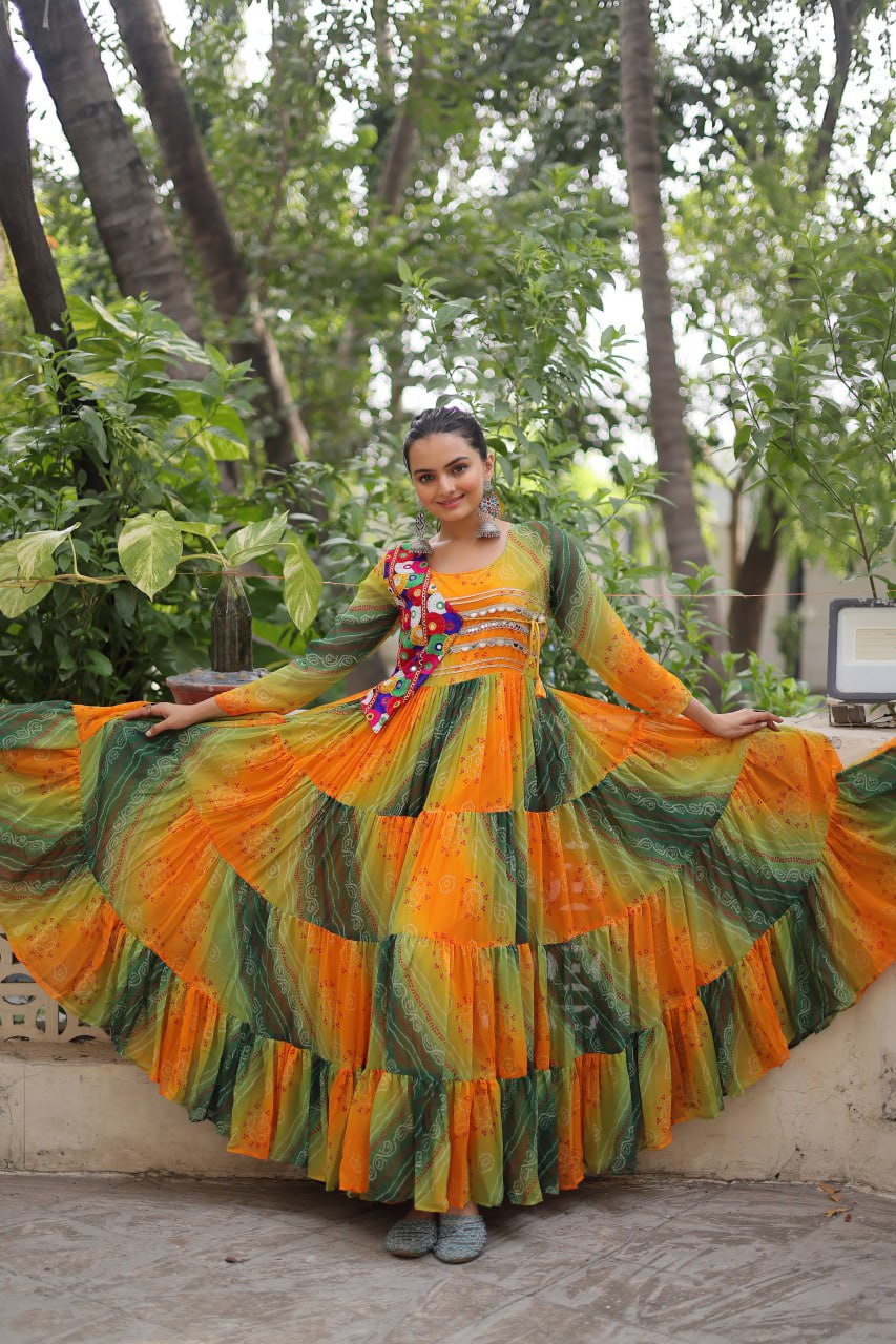 Multi Colour Navratri Special Laheriya & Bandhej Printed Faux Georgette Gown with Kutchi Patchwork