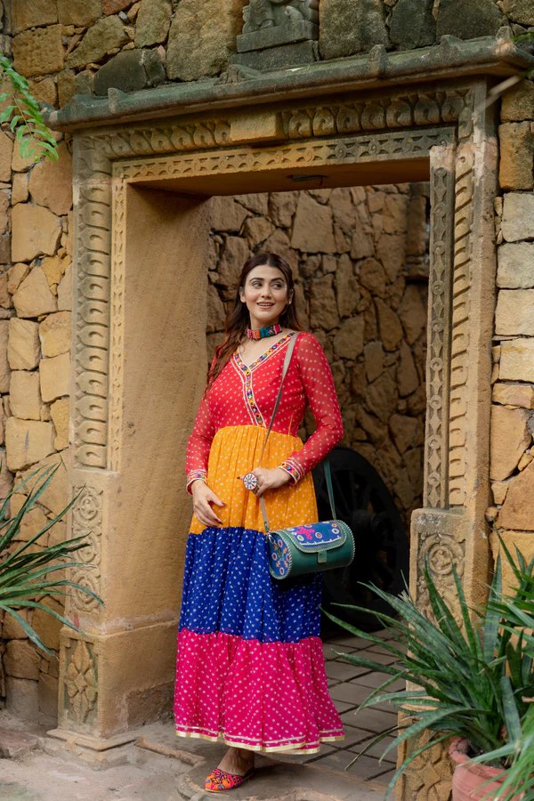 Multi Colour Premium Georgette 3-Layer Ruffle Anarkali Gown with Mirror Work