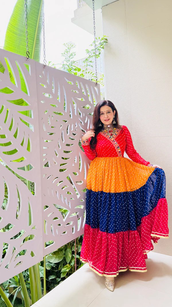 Multi Colour Premium Georgette 3-Layer Ruffle Anarkali Gown with Mirror Work