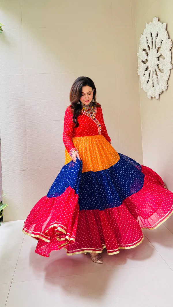 Multi Colour Premium Georgette 3-Layer Ruffle Anarkali Gown with Mirror Work