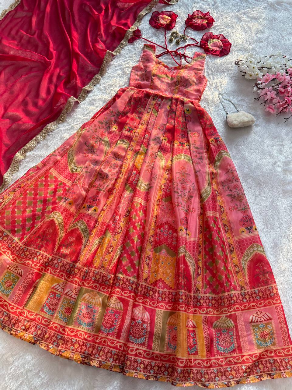 Multi Colour Premium Jimmy Organza Silk Digital Printed Anarkali Gown with Designer Georgette Dupatta