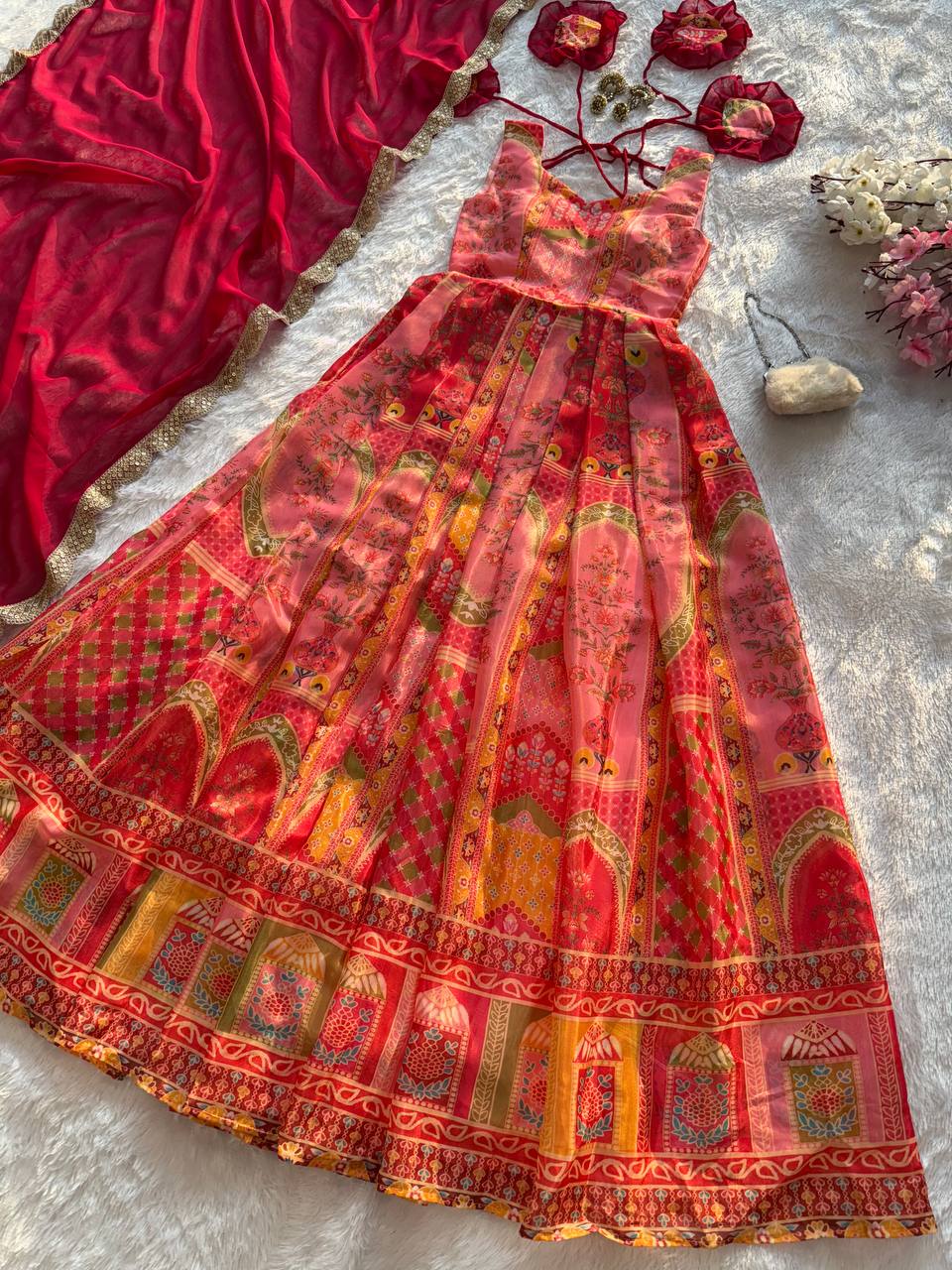Multi Colour Premium Jimmy Organza Silk Digital Printed Anarkali Gown with Designer Georgette Dupatta
