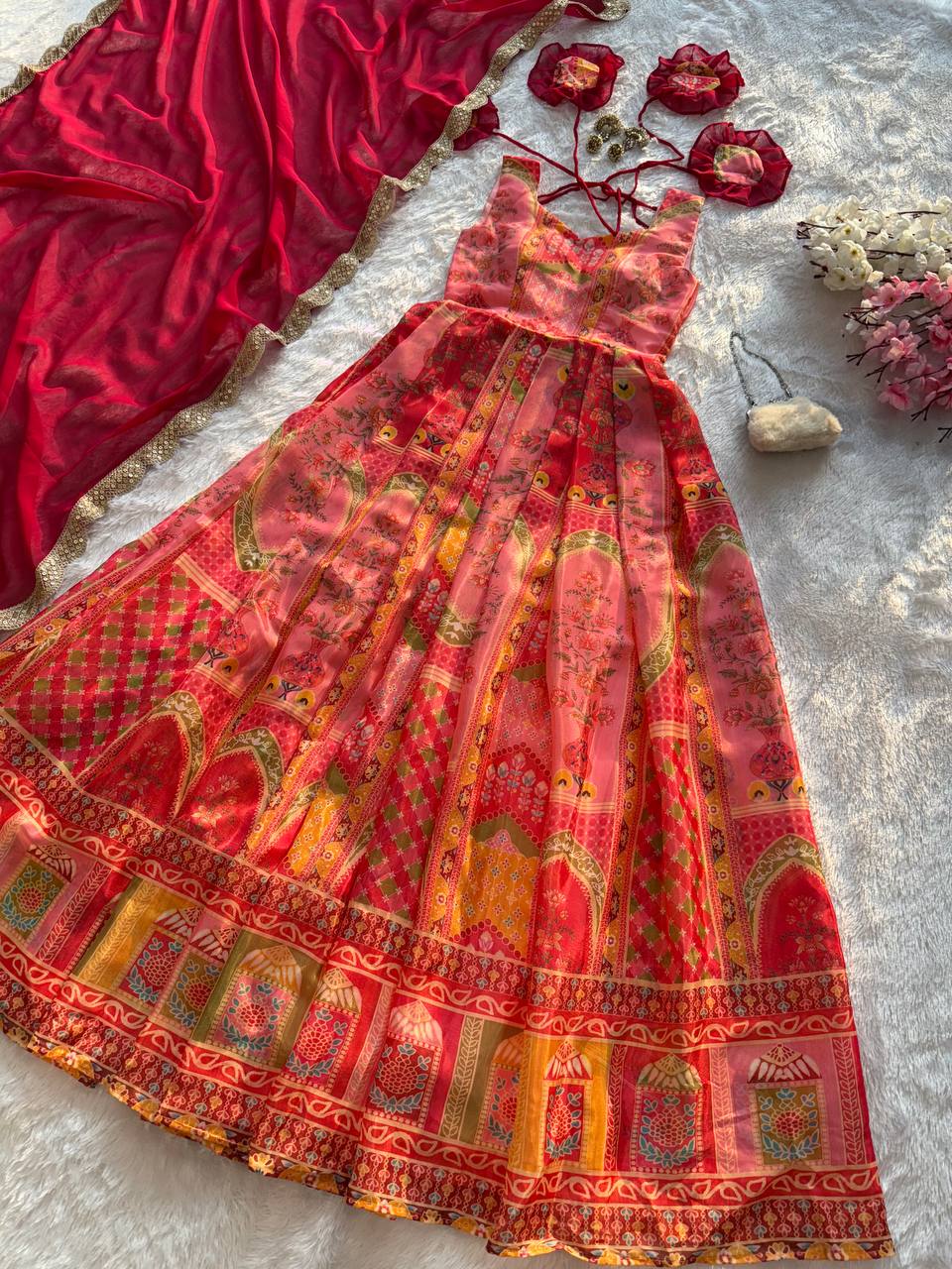 Multi Colour Premium Jimmy Organza Silk Digital Printed Anarkali Gown with Designer Georgette Dupatta