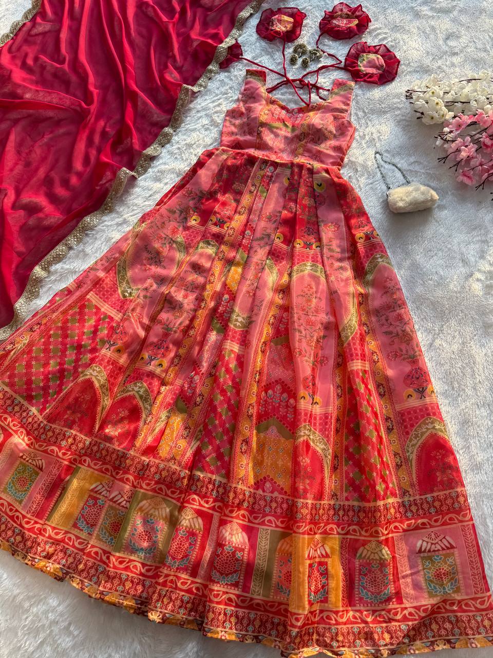 Multi Colour Premium Jimmy Organza Silk Digital Printed Anarkali Gown with Designer Georgette Dupatta