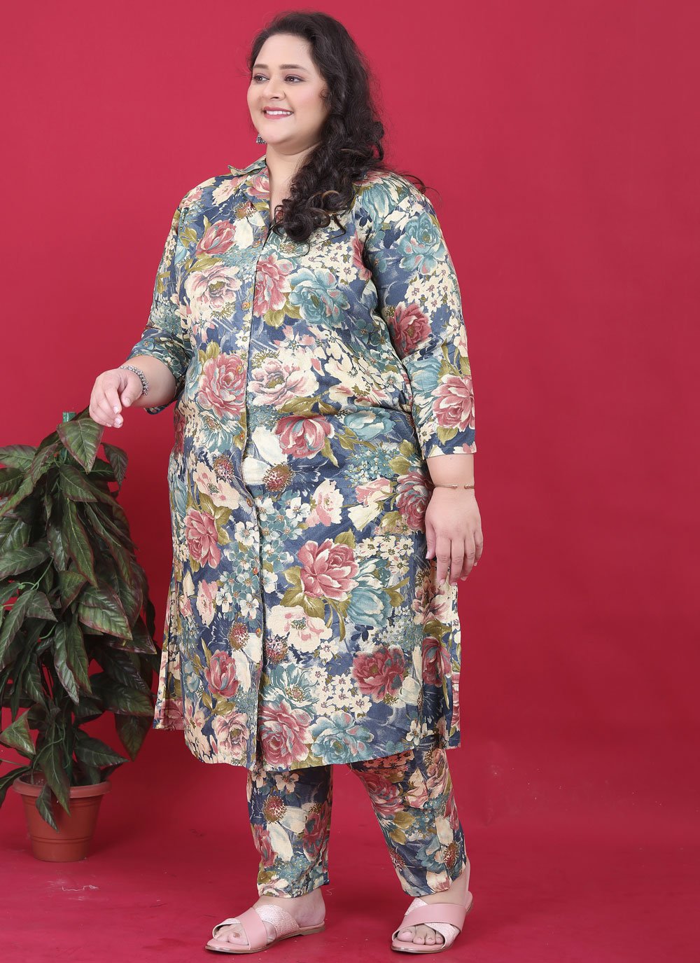 Trendy multicolor plus size kurti pant set in premium rayon with pockets