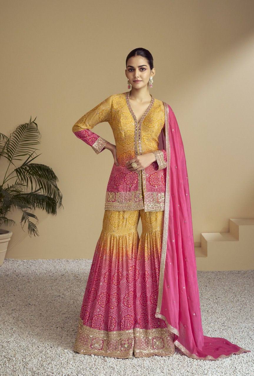 Multi Colour Stylish Embroidered Chinon Top & Plazo Set with Dupatta