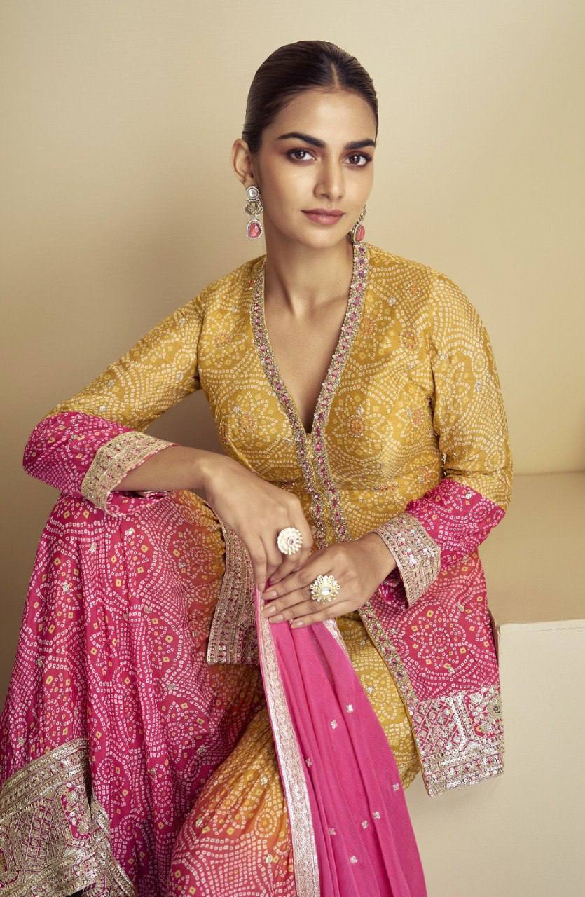 Multi Colour Stylish Embroidered Chinon Top & Plazo Set with Dupatta