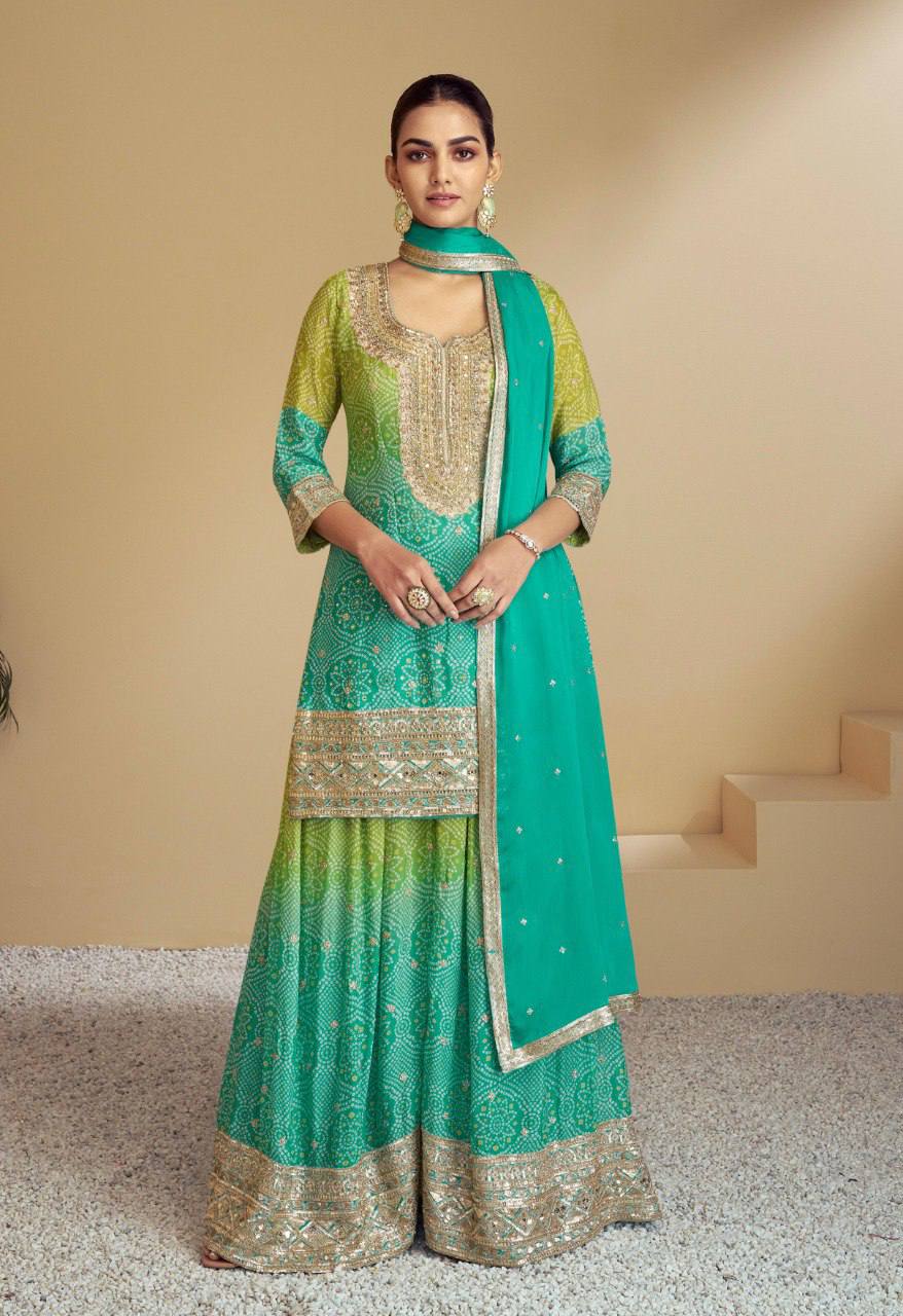 Multi Colour Stylish Embroidered Chinon Top & Plazo Set with Dupatta